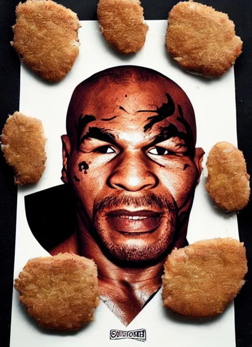 Prompt: a photorealistic portrait of mike tyson's face constructed from chicken cutlets.