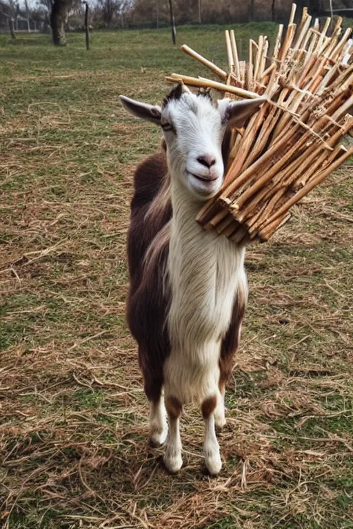 Prompt: a goat standing upright, holding a bundle of sticks and wearing clothes made of leaves