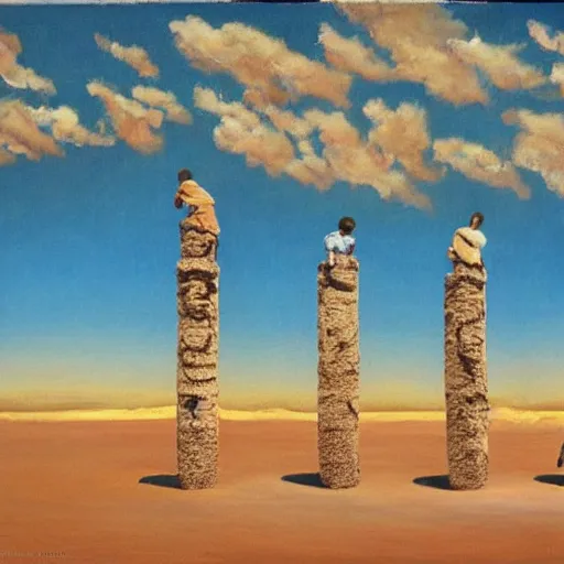 Prompt: children crawling up pillars of desert sand, Surrealist paintings