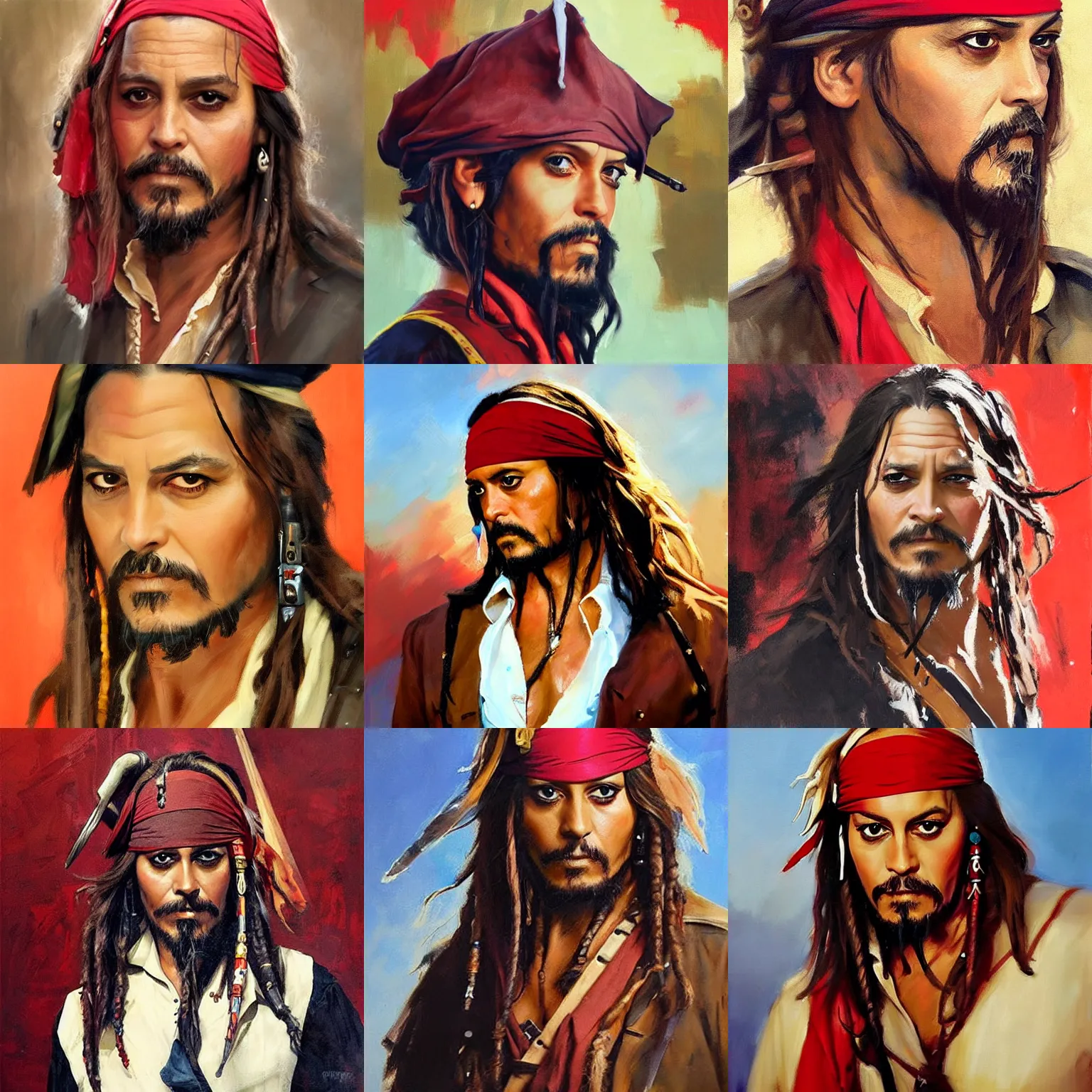 Prompt: greg manchess portrait painting of george clooney dressed as captain jack sparrow, medium shot, asymmetrical, profile picture, red vest, organic painting, sunny day, vibrant, matte painting, bold shapes, hard edges, street art, trending on artstation, by huang guangjian and gil elvgren and sachin teng