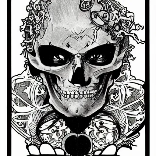 Image similar to anime manga skull portrait face skeleton illustration style by Alphonse Mucha and Jim Lee comic pop art nouveau