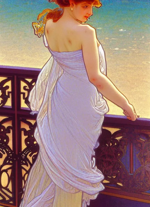 Image similar to pretty young woman leaning against the railing at the beach, path traced, highly detailed, high quality, digital painting, by alphonse mucha, disney