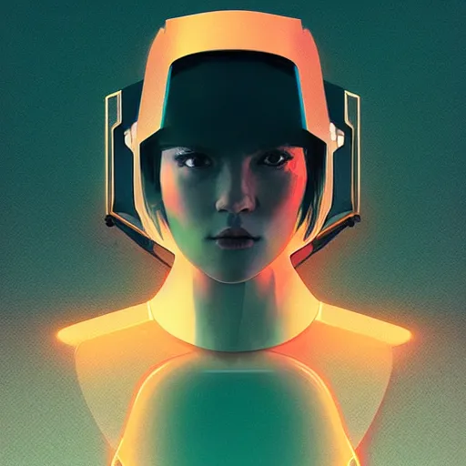 Prompt: portrait androgynous sci - fi girl, blade runner 2 0 4 9, cassette futurism, modular synthesizer helmet, futuristic metropolis, matrix, glow, digital art, artstation, pop art by hsiao - ron cheng