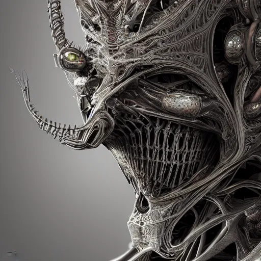 Image similar to a highly detailed photographic portrait of an alien, biomechanical sculpture, mandelbrot fractal, intricate, elegant, ornate, elegant, luxurious, beautifully lit, ray traced, octane 3D render in the style of Gerald Brom and James Gurney