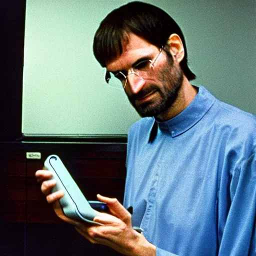Image similar to portrait of steve jobs listening to rem on his ipod palo alto 1 9 8 8, in thomas ruff style, 3 5 mm ektachrome