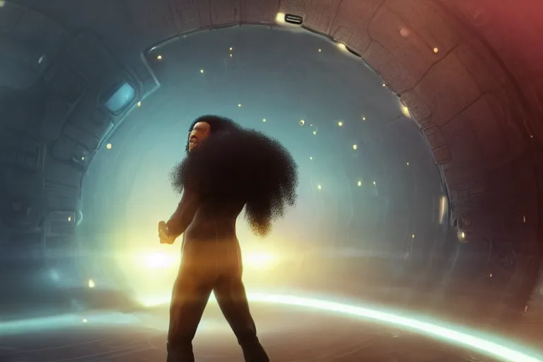 Image similar to a black man with long curly hair standing in front of a black hole horizon, time collapsing. neofuturistic highly detailed, digital concept art, Dimensional cyan gold natural light, sharp focus, Golden Ratio illustration, realistic concept art by Stephen Hickman and James Gurney and Hiromasa Ogura Ghost in the Shell rendered in Octane Render, From the distance