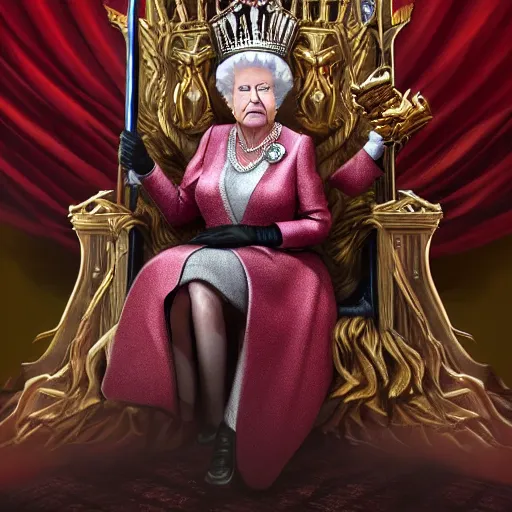 Image similar to Queen Elisabeth as a character in Warhammer sitting on a huge throne in a fantastic hall, Epic character design. Wallpaper, Artstation, Hyperrealistic, Hyperdetailed, Ultra Lighting, Raytracing