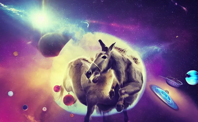 Image similar to “a donkey floating in space playing the bongos, surrounded by planets , nebula , realistic, 4K, sci fi, futuristic vaporwave, retro, volumetric lighting, depth of field, ”