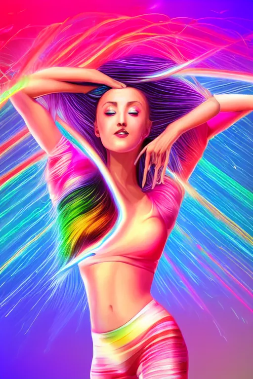 Image similar to a award winning half body portrait of a beautiful woman with stunning eyes in a croptop and leggings with reinbow colored ombre hairstyle head in motion and hair flying while dancing by thomas danthony, surrounded by whirling illuminated lines, outrun, vaporware, shaded flat illustration, digital art, trending on artstation, highly detailed, fine detail, intricate