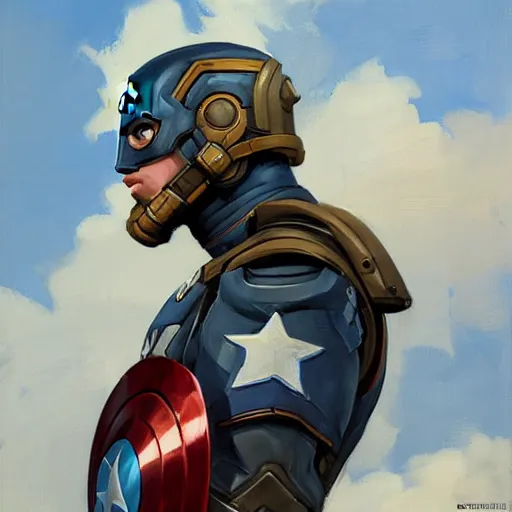 Image similar to greg manchess portrait painting of armored captain america as overwatch character, totally whack, medium shot, asymmetrical, profile picture, organic painting, sunny day, matte painting, bold shapes, hard edges, street art, trending on artstation, by huang guangjian and gil elvgren and sachin teng