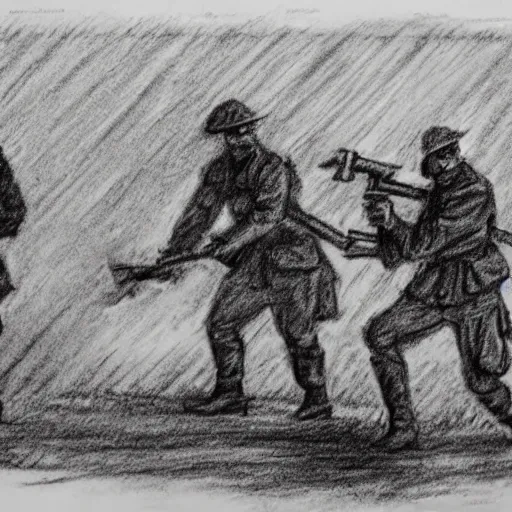 Image similar to charcoal sketch of german WW1 soldiers fighting zombies with flame throwers