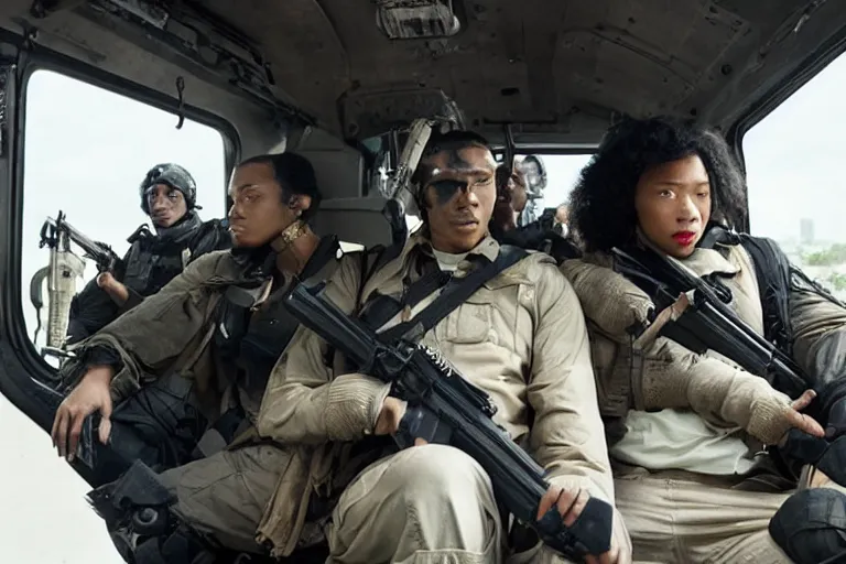 Image similar to movie diverse interracial team of Japanese robbers armed with rifles interior clean futuristic tactical van, beautiful skin, Symmetrical faces. natural lighting by Emmanuel Lubezki