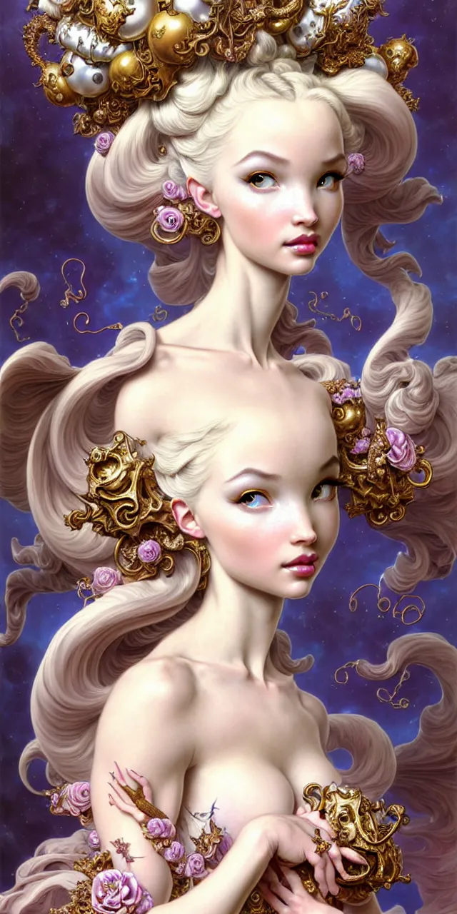 Image similar to beautiful dove cameron baroque rococo fantasy character portrait, ultra realistic, intricate details, the fifth element artifacts, highly detailed by peter mohrbacher, hajime sorayama, wayne barlowe, boris vallejo, aaron horkey, gaston bussiere, craig mullins alphonse mucha, rococo curves swirls and spirals, flowers pearls beads crystals jewelry goldchains scattered