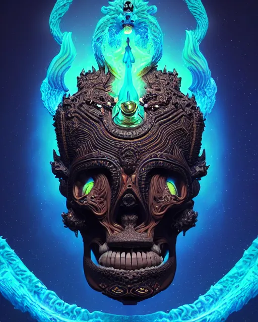 Image similar to 3 d ornate carved dark cosmic king with profile portrait, sigma 5 0 0 mm f / 5. beautiful intricate highly detailed quetzalcoatl skull. bioluminescent, plasma, lava, ice, water, wind, creature, thunderstorm! artwork by tooth wu and wlop and beeple and greg rutkowski, 8 k trending on artstation