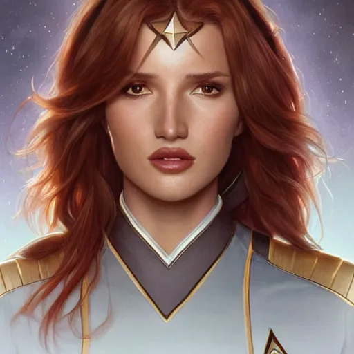 Prompt: ultra realistic illustration, bella thorne as captain wearing star trek uniform, intricate, elegant, highly detailed, digital painting, artstation, concept art, smooth, sharp focus, illustration, art by artgerm and greg rutkowski and alphonse mucha