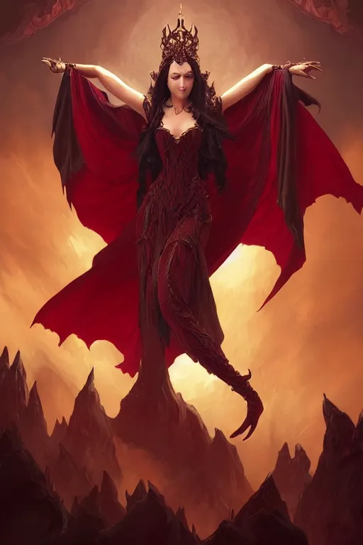 Image similar to beautiful vampire female queen, full body shot, ascending form the sky, hands reaching for her, d & d, fantasy, intricate, elegant, highly detailed, digital painting, artstation, concept art, matte, sharp focus, illustration, hearthstone, art by artgerm and greg rutkowski and alphonse mucha