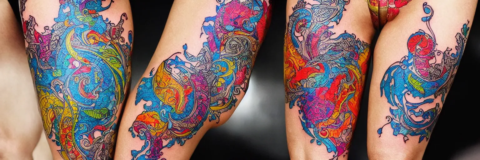 Image similar to intricate colorful tattoos design pattern for legs, by yakuzas, art on a canvas