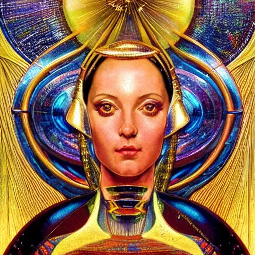 Prompt: close - up renaissance portrait of an iridescent art deco android priestess, reflective detailed textures, highly detailed fantasy science fiction painting by moebius, norman rockwell and william holman hunt and syd mead. elaborate geometric ornament, rich colors, high contrast. artstation