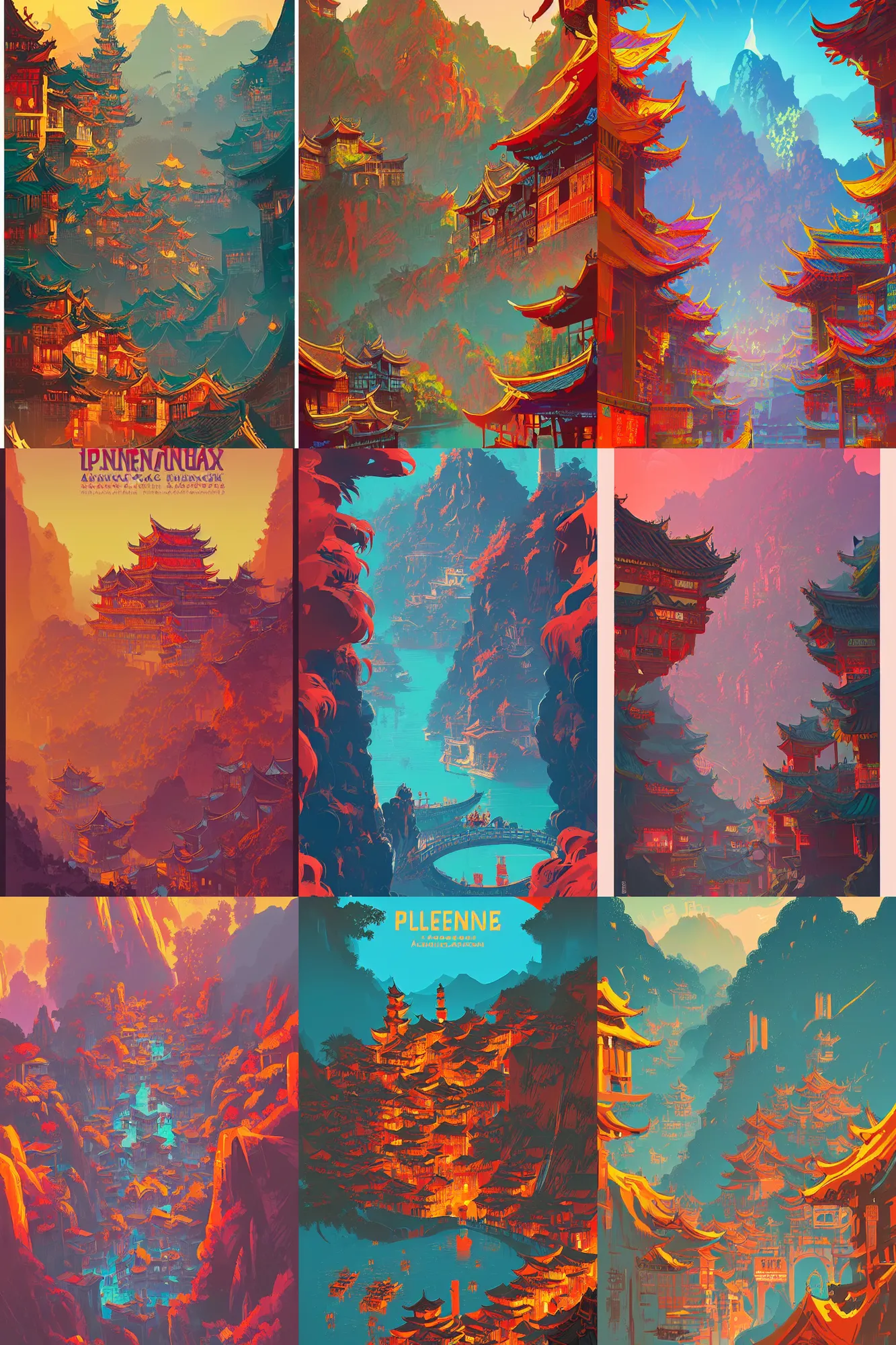 Prompt: Travel poster for Phoenix Ancient City, Fenghuang, China by Anton Fadeev