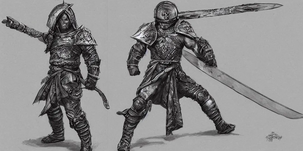 Prompt: roman space warrior uses a tattooed longsword to cut through solid rock, concept art,