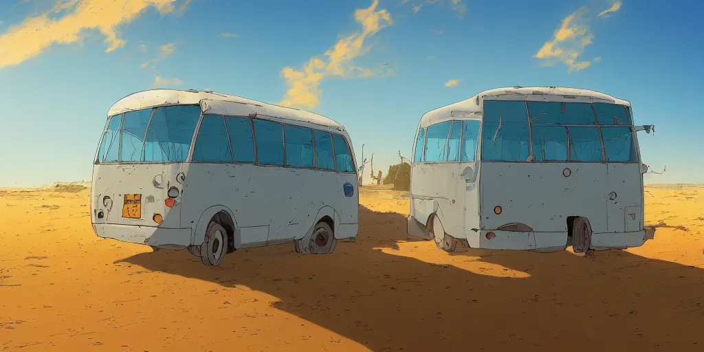 Image similar to an israeli egged bus driving in the negev, noon, sunlights, wide shot, digital art, ghibli style, vivid colors, flat colors, trending on artstation, high quality