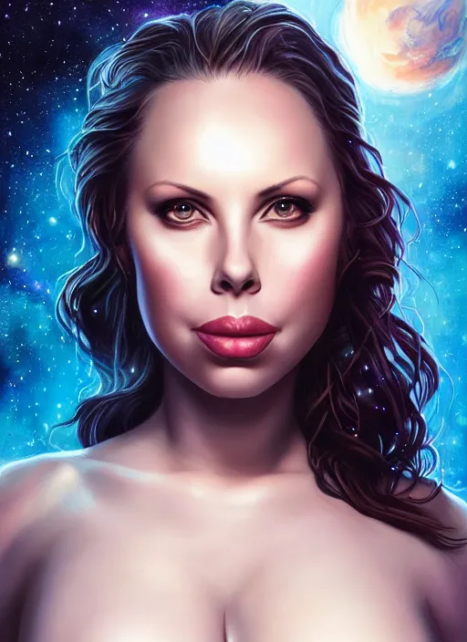 Image similar to beautiful portrait of gianna michaels and the background has a deep space painting by magali villeneuve, intricate, elegant, highly detailed, photorealistic, trending on artstation, trending on cgsociety