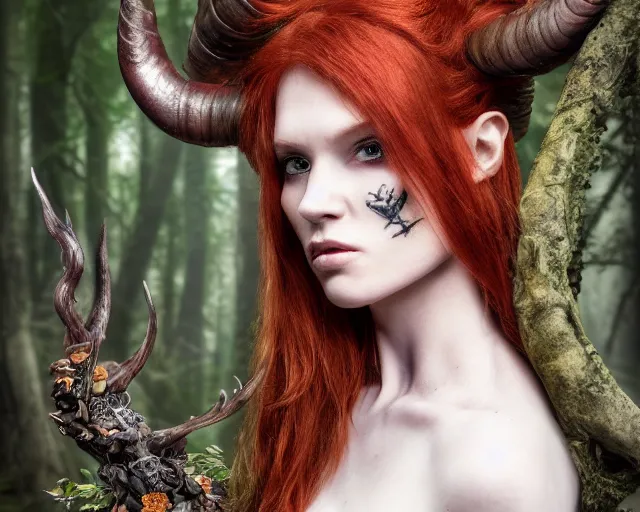 Image similar to 5 5 mm portrait photo of an armored gorgeous anesthetic redhead woman warrior with a face tattoo and horns growing from her head, in a magical forest. by luis royo and stephan kostic. highly detailed 8 k. intricate. lifelike. soft light. nikon d 8 5 0. cinematic post - processing