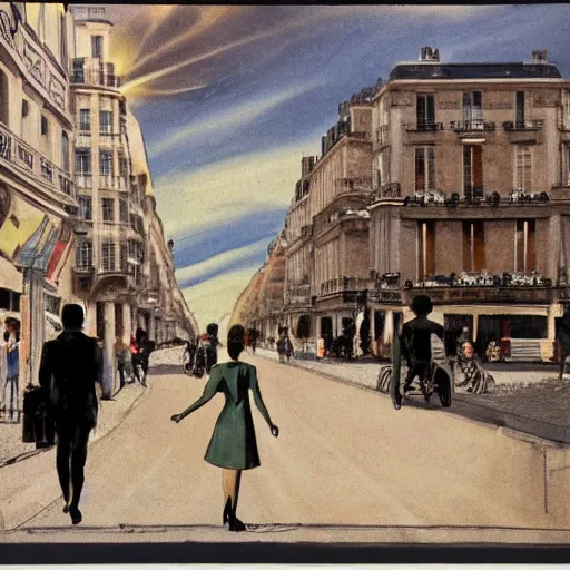 Image similar to a typical Parisian street of the future, in the foreground a man and a woman from behind, in the back at the bottom of the street a spaceship destroying buildings, American blockbuster style, multiple details