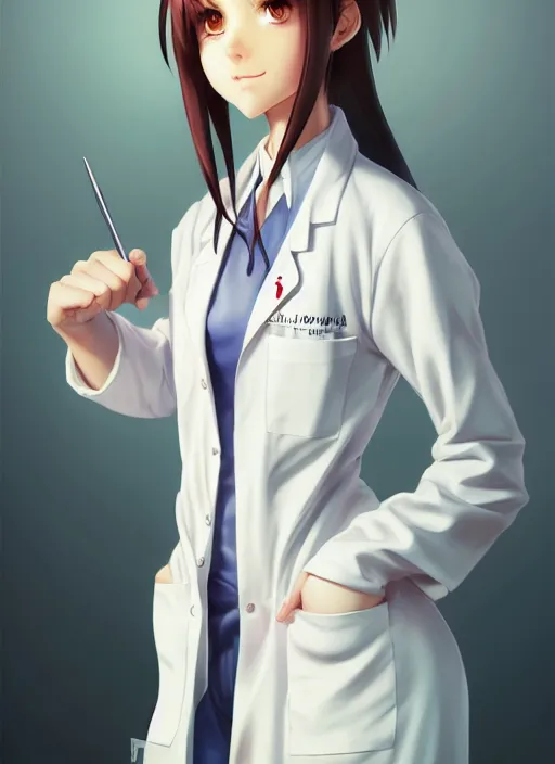 Image similar to 3 / 4 view of a portrait of cute girl in labcoat, confident pose, pixie, elegant, sharp focus, illustration, highly detailed, concept art, matte, trending on artstation, anime, art by wlop and artgerm and greg rutkowski, ilya kuvshinov, strong strokes, photo of makise kurisu from steins gate