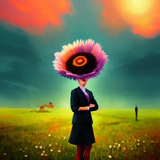 Image similar to giant daisy flower over head, frontal, girl in a suit, surreal photography, sunrise, dramatic light, impressionist painting, digital painting, artstation, simon stalenhag