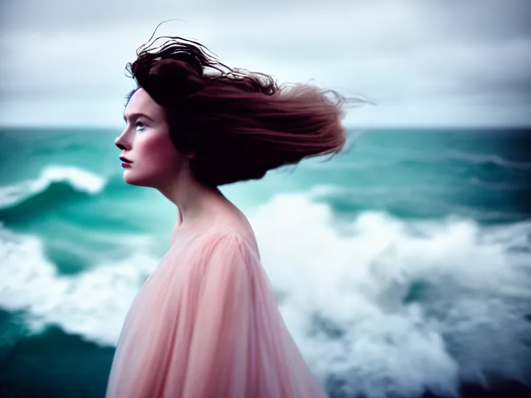 Image similar to cinestill 5 0 d photography portrait of a woman britt marling 3 / 4 style of nicholas fols, 2 0 0 mm, dress in voile, hair like dark clouds, hair floating on air, head in focus, mute dramatic colours, soft blur outdoor stormy sea background, volumetric lighting, hyper detailed, hyper realistic