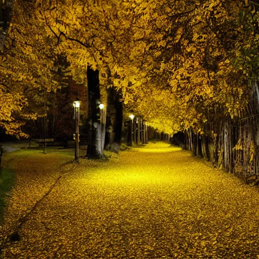 Image similar to Autumn night, Full moon,, path surrounded by trees with yellow leafs, beautiful