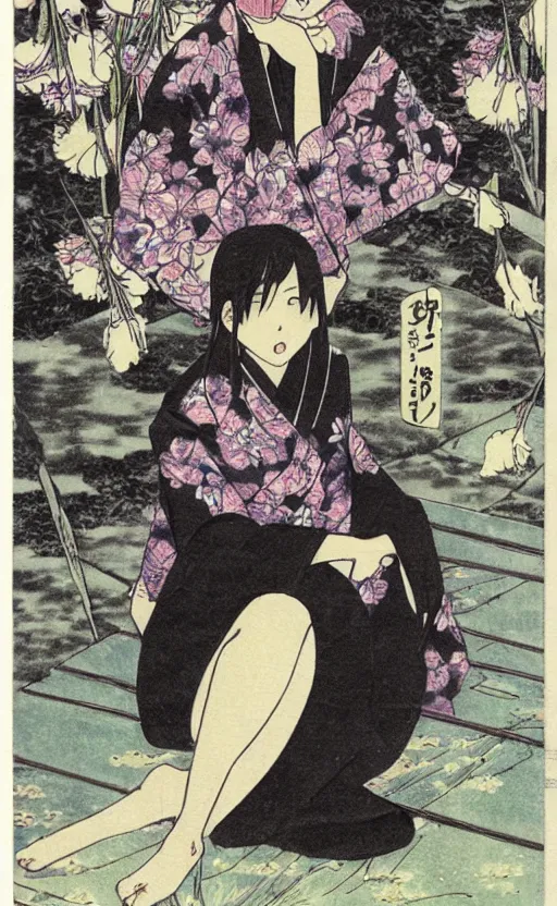 Image similar to by akio watanabe, manga art, a black hair girl sitting on wooden lake bridge and iris flowers, trading card front, kimono, realistic anatomy