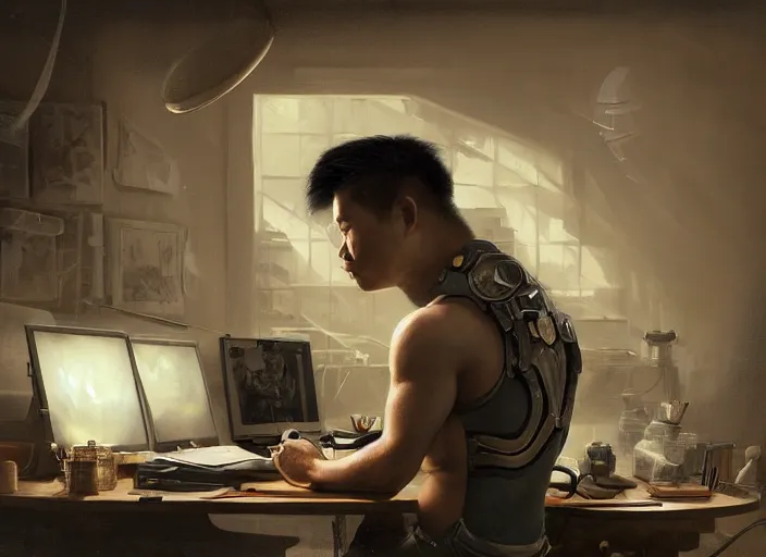 Image similar to an insanely detailed painting of an asian man wearing a homemade superhero costume, sitting at a desk, staring seriously at the computer and typing, in the style of peter mohrbacher, james jean, rutkowski, dramatic lighting and composition, surreal background, octane render, pixar, trending on artstation, concept art, comic book, view from behind, 8 k