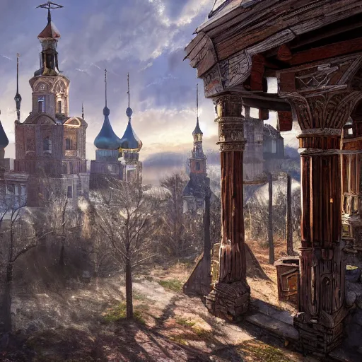 Prompt: photo ancient Slavic Russian city of Kitezh y Viktor Vasnetsov, concept art, magical city, fantasy cityscape, ancient Slavs, wooden buildings, ancient Russian architecture, terem, hyperborea, top cinematic lighting , cinematic mood, very detailed, 8k, high resolution, trending on artstation, artstationHD,