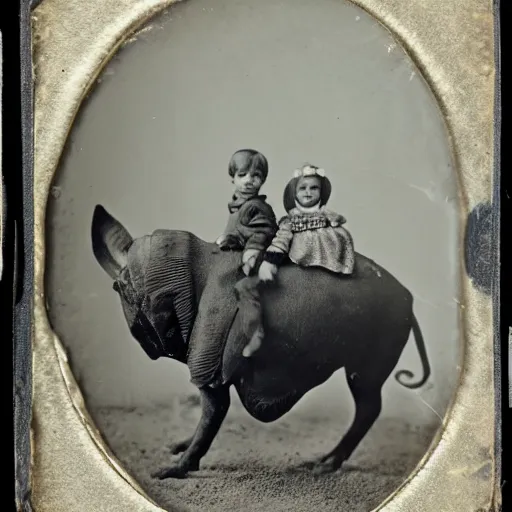 Prompt: tintype photo of child riding huge beetle