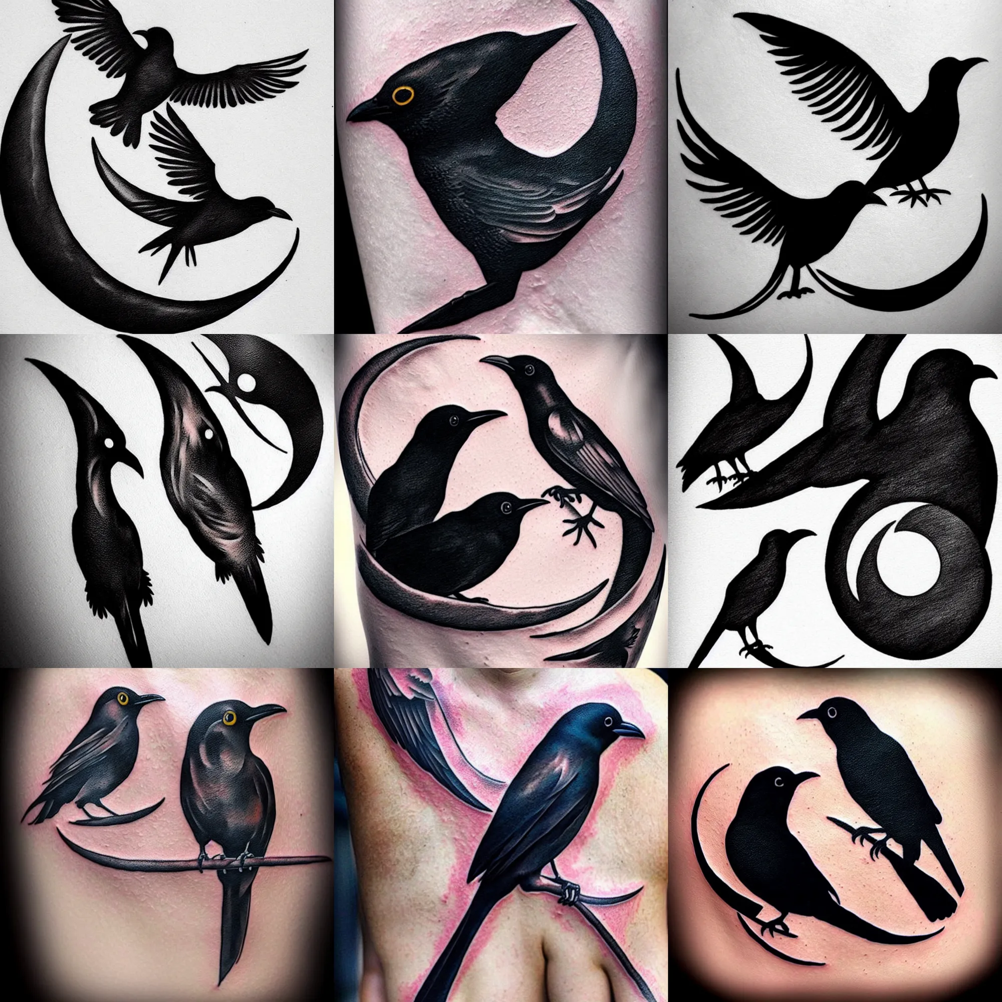 Prompt: realistic tattoo design of a black bird and a crescent moon, elegant, classy