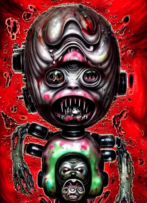 Image similar to a dramatic emotional hyperrealistic renaissance oil panting of a sad sobbing grotesque kawaii mecha musume figurine caricature screaming with a scrunched up red face uglycrying wrinkly featured in dead space by h r giger made of dripping paint splatters in the style of uzumaki, 🤬 🤮 💕 🎀