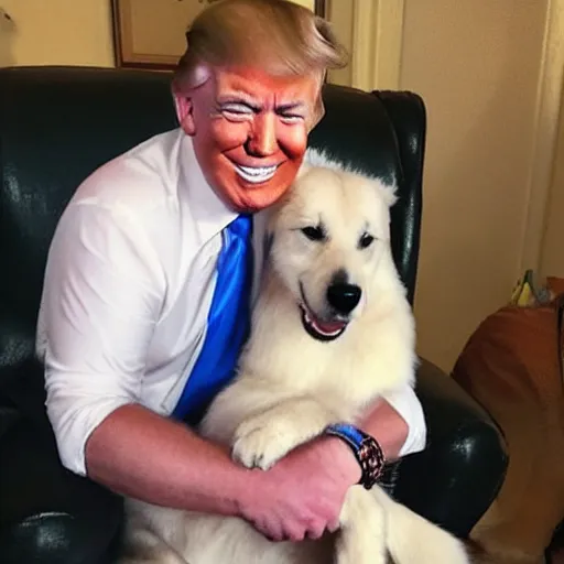 Prompt: donald trump smiling with a dog on his lap