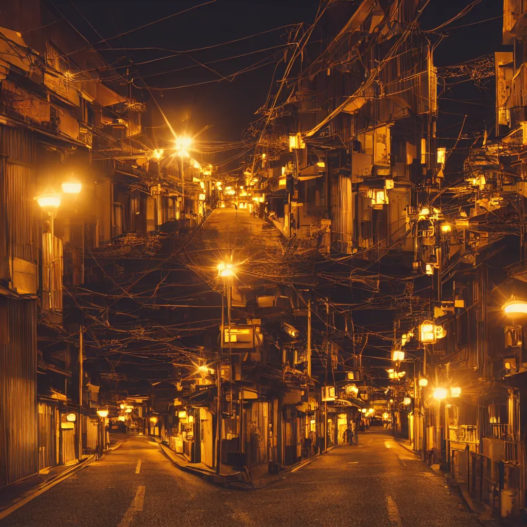 Image similar to photograph of kyoto street at night, bright street lamps, lens flare