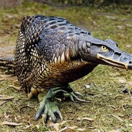 Image similar to hawk and crocodile morphed together, half crocodile, half hawk, real picture taken in zoo