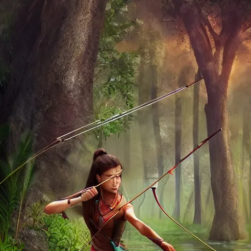 Image similar to beautiful archery girl, female heroine in the jungle hunting with bow and arrow, gettyimages, realistic face, digital art, trending on artstation