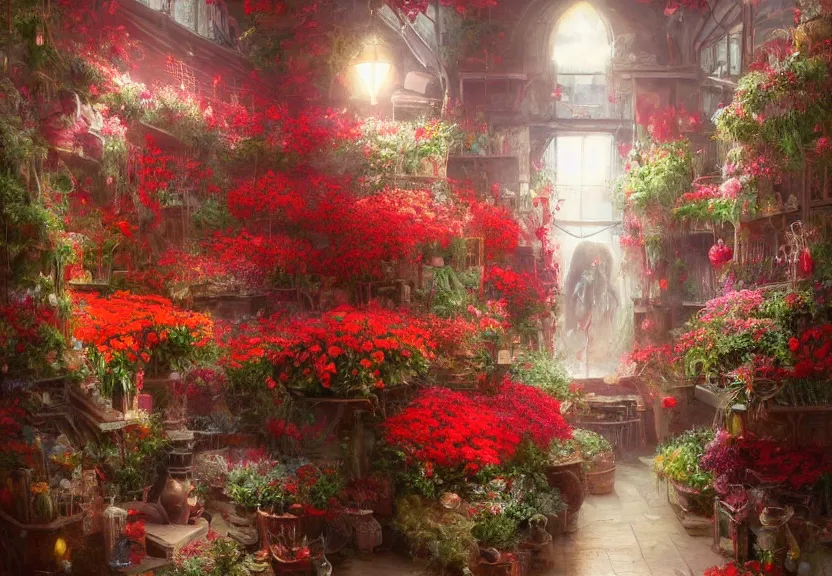 Image similar to A very detailed red flower in a cozy floral shop, a fantasy digital painting by Greg Rutkowski and James Gurney, trending on Artstation, highly detailed