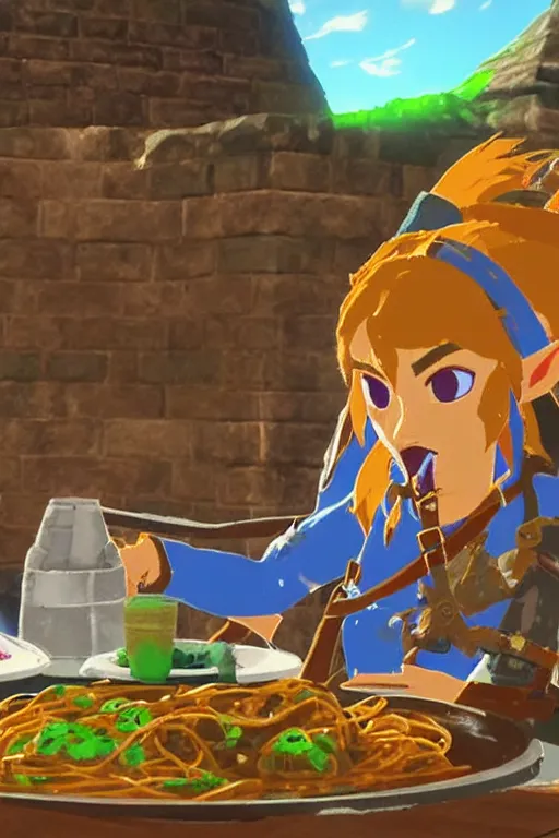 Image similar to in game footage of link from the legend of zelda breath of the wild eating spaghetti at a restaurant, breath of the wild art style.