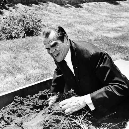 Image similar to president richard nixon crawling out of a grave. photograph. high quality. low angle