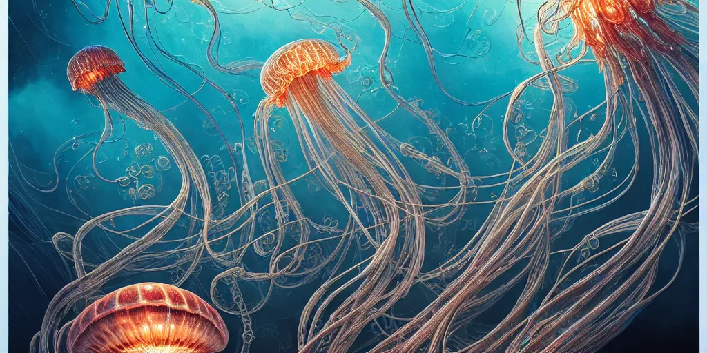 Image similar to a beautiful hyperrealistic ultradetailed 3d art of gigantic glowing complex multi-layered intricate jellyfish creatures with long flowing tendrils, by Justin Gerard and Laurie Greasley and Peter Mohrbacher and Dan Mumford, tarot card art, detailed shading, vray octane, redshift. micro details, dramatic lighting, volumetric lighting, 8k