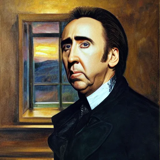 Prompt: Nicolas Cage as an Android, head and shoulders, oil on canvas, golden hour, in the world of Andrew Wyeth, artstation, by J. C. Leyendecker and Peter Paul Rubens,