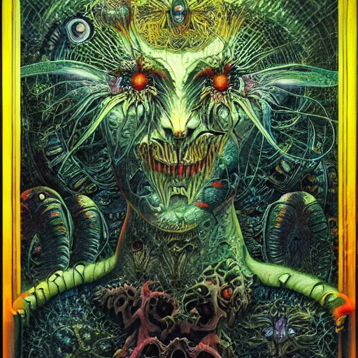 Prompt: a horror depiction of a fractal vision of hell by alex grey, lisa frank, giger, ayami, kojima, amano, karol bak, greg hildebrandt, mark brooks, beksinski, takato yamamoto