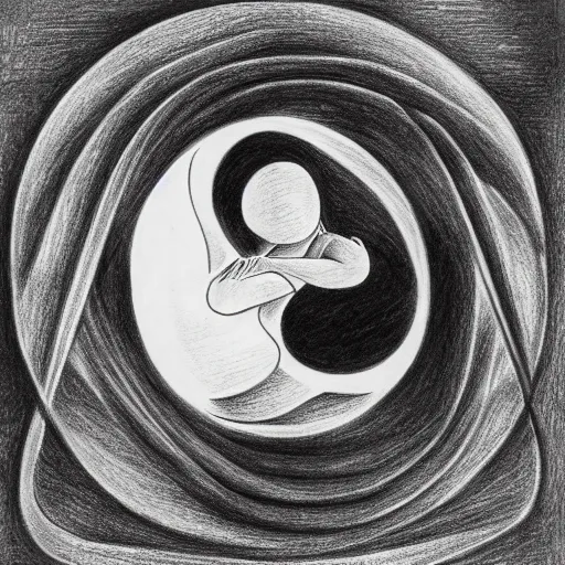 Prompt: a detailed drawing of a pregnant woman giving birth to emerging yin - yang daoist symbol emerging from womb, black and white detailed pencil drawing dao