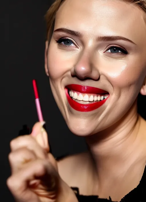 Prompt: scarlett johansson smiling at the camera while putting makeup on her face, real photo, photoshooting, studio light, black background, intricate, epic lighting, cinematic composition, hyper realistic, 8k resolution, unreal engine 5